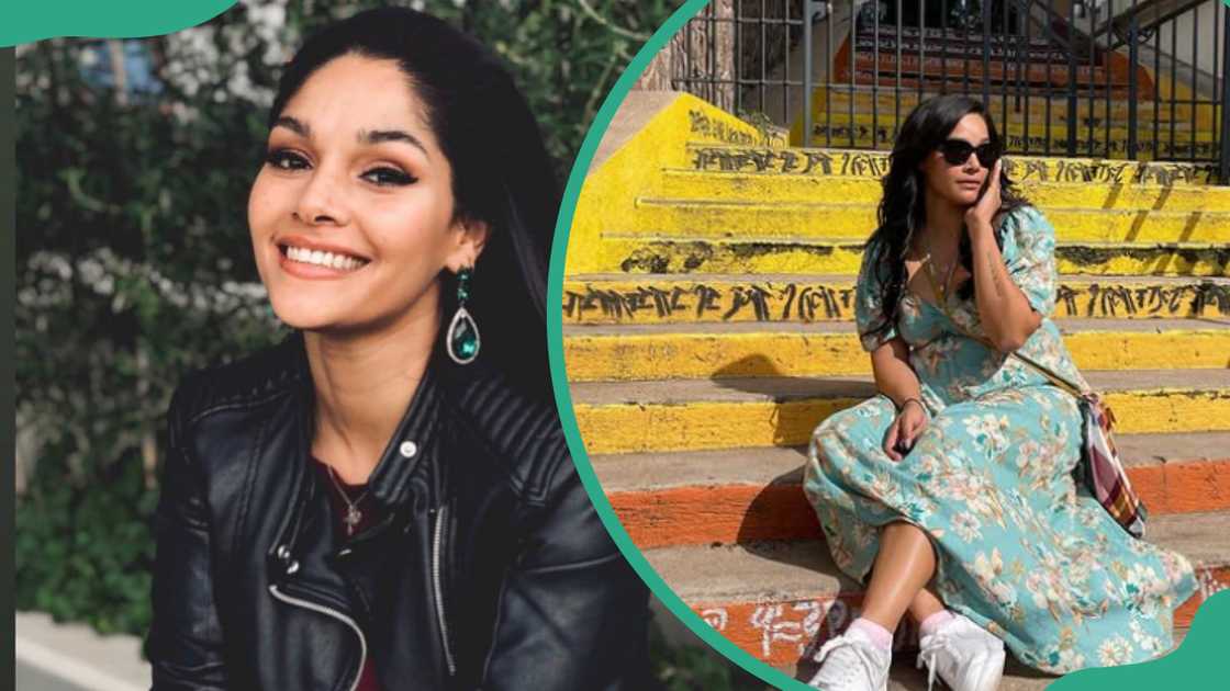 Dani Gabriel wearing a black jacket (L). Dani Gabriel posing while sitting on the staircase (R). Dani Gabriel wearing a black jacket (L). Dani Gabriel posing while sitting on the staircase (R).
