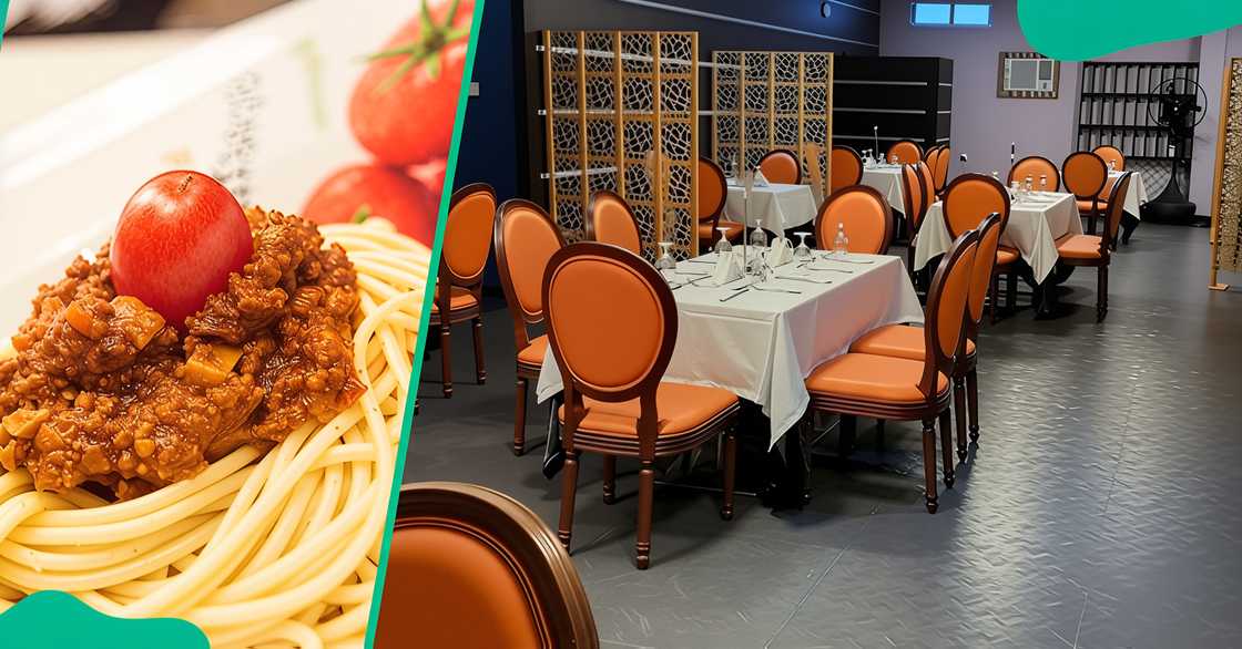 A plate of spaghetti bolognese. The interior display of the restaurant with tables and chairs A plate of spaghetti bolognese. The interior display of the restaurant with tables and chairs