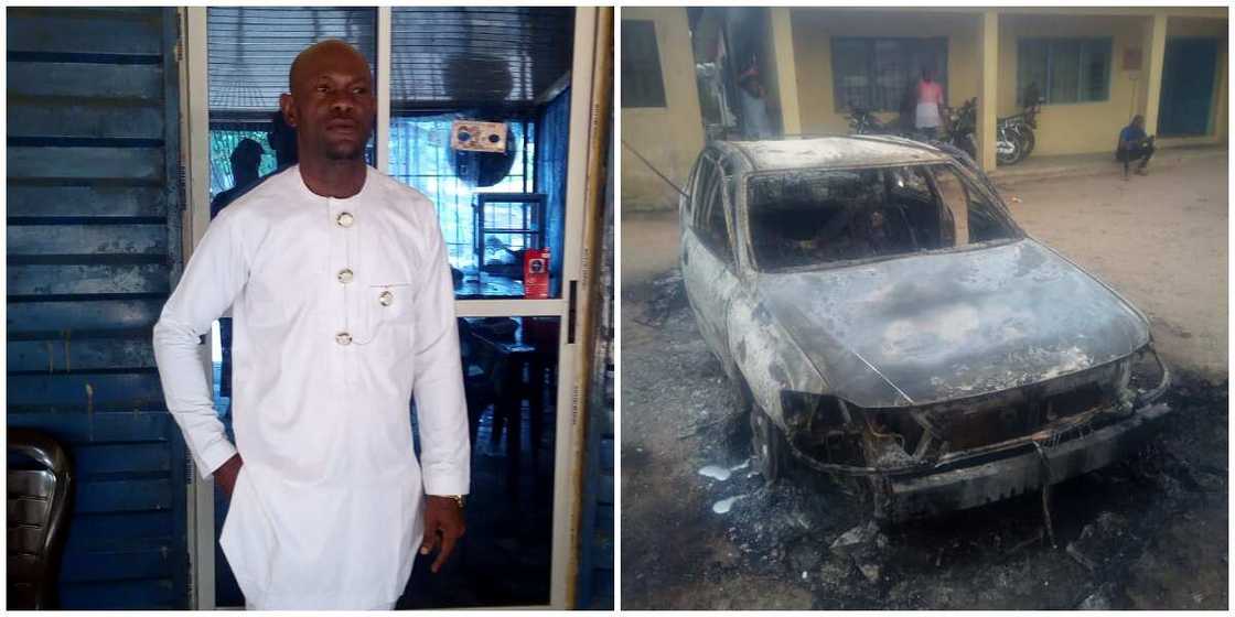 Owerri prison break: Policeman laments losing his car in the attack, shares photos of his burnt avalon