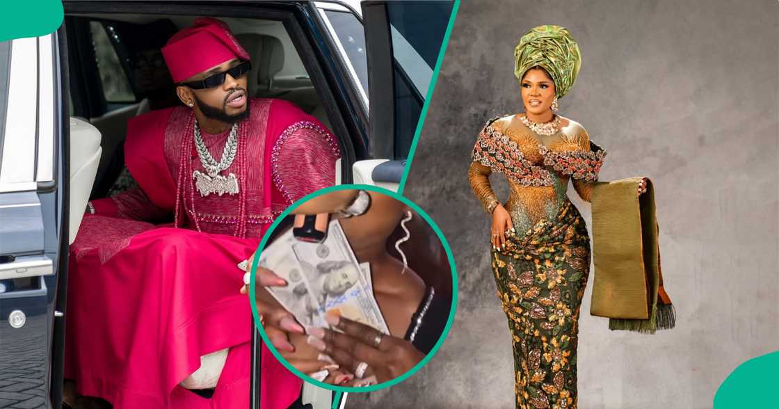 Diamond Platinumz sprayed Iyabo Ojo with 100-dollar bills at Priscy's afterparty. Diamond Platinumz sprayed Iyabo Ojo with 100-dollar bills at Priscy's afterparty.