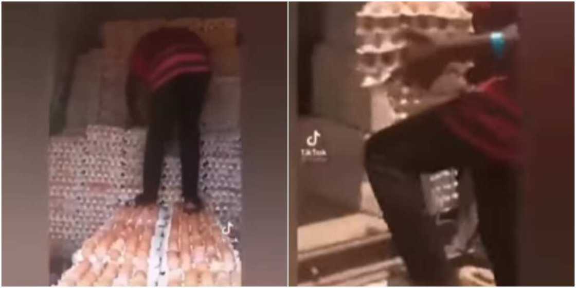 A man walking on crate A man walking on crate