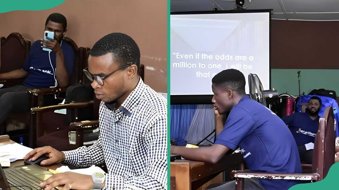 A student at Best Solution Polytechnic using a laptop (L), and a male student listening to the lecture with a projector on the side (R) A student at Best Solution Polytechnic using a laptop (L), and a male student listening to the lecture with a projector on the side (R)