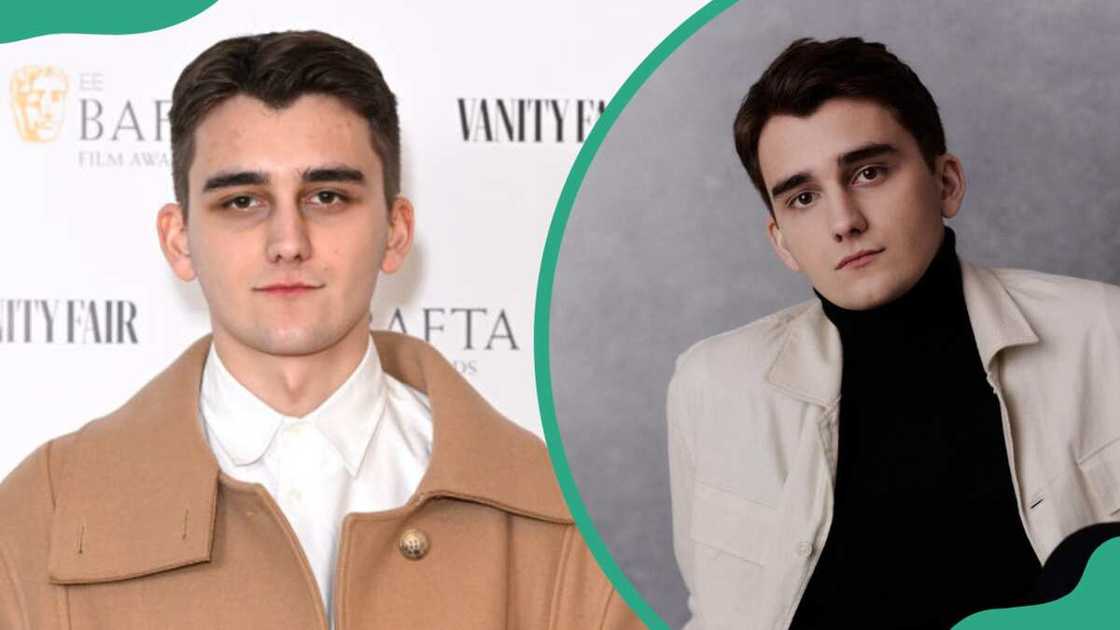 Cameron Chapman during the 2023 EE British Academy Film Awards (L). The actor in a light-coloured coat over black attire (R)