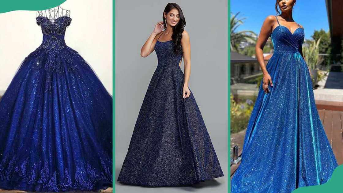 Navy blue sparkly gown (L), black sparkly gown (C), and a blue sparkly ball gown (R) Navy blue sparkly gown (L), black sparkly gown (C), and a blue sparkly ball gown (R)