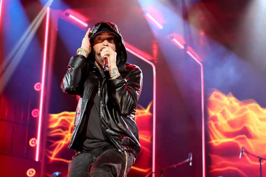 Eminem performs onstage during the 37th Annual Rock & Roll Hall of Fame Induction Ceremony Eminem performs onstage during the 37th Annual Rock & Roll Hall of Fame Induction Ceremony
