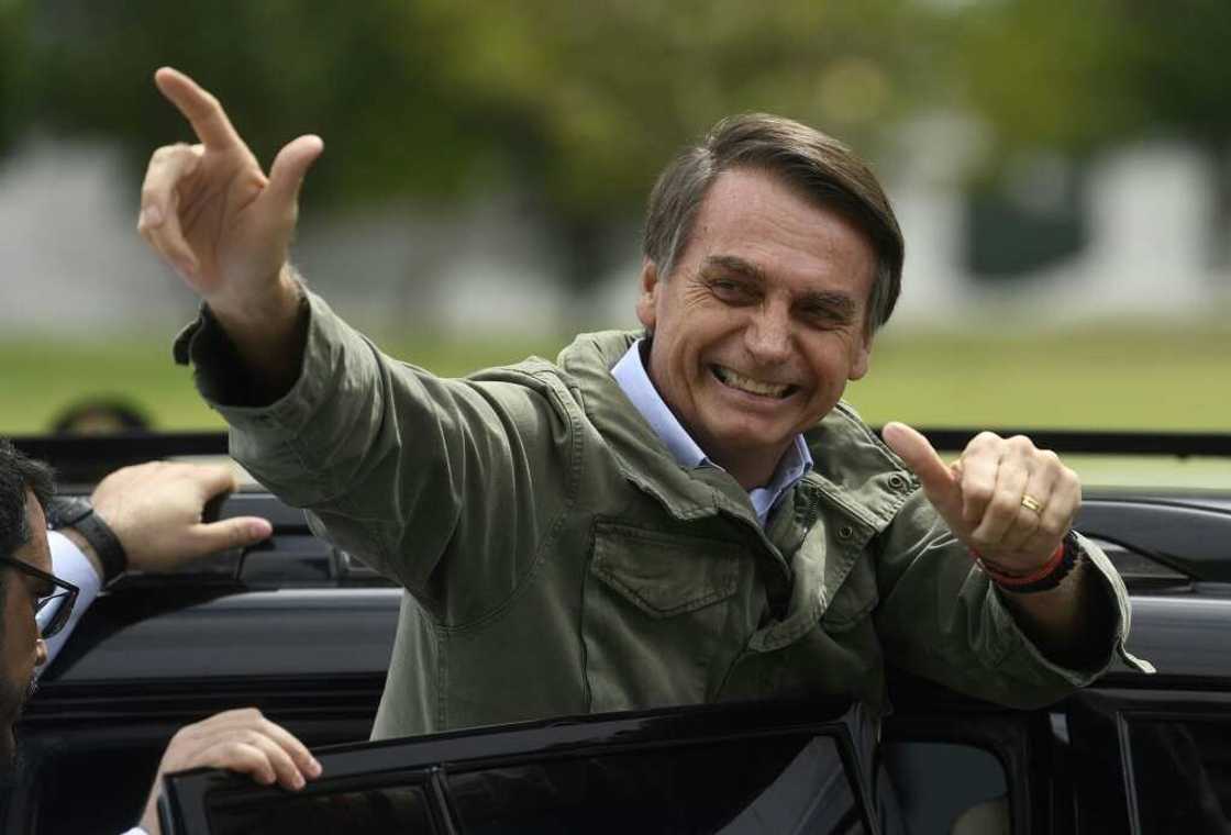 Jair Bolsonaro, far-right lawmaker and former amry officer, gives thumbs up to supporters in October 2018 during the second round of presidential elections, in Rio de Janeiro, Brazil Jair Bolsonaro, far-right lawmaker and former amry officer, gives thumbs up to supporters in October 2018 during the second round of presidential elections, in Rio de Janeiro, Brazil