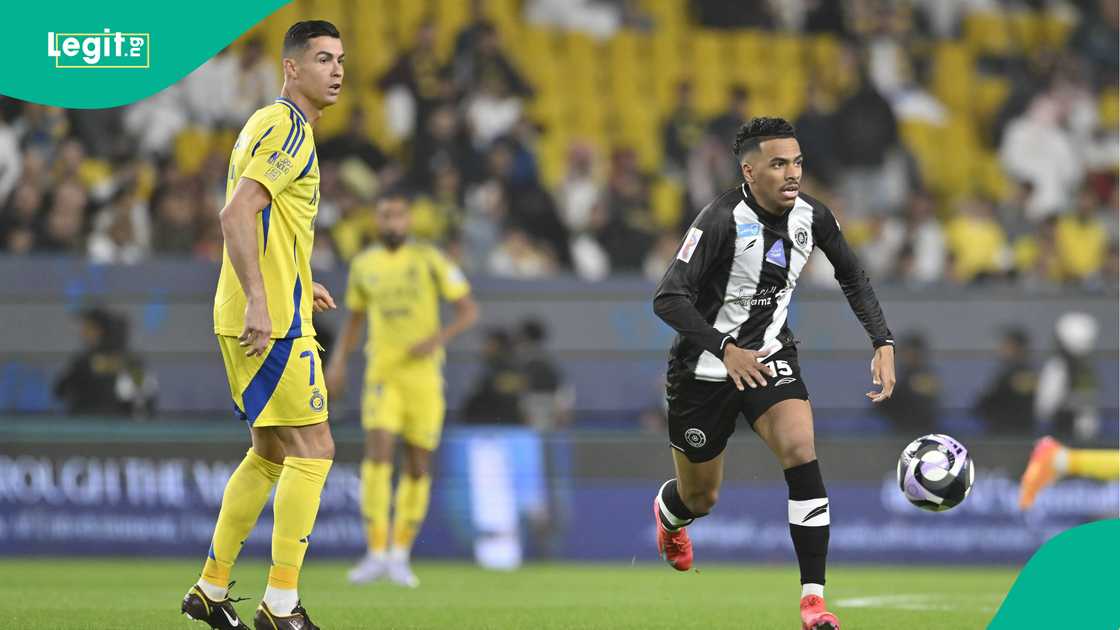 Cristiano Ronaldo, Musab Fahd Aljuwayr, Al-Nassr, Al-Shabab, Al Awwal Stadium, Riyadh, Saudi Arabia. Cristiano Ronaldo, Musab Fahd Aljuwayr, Al-Nassr, Al-Shabab, Al Awwal Stadium, Riyadh, Saudi Arabia.