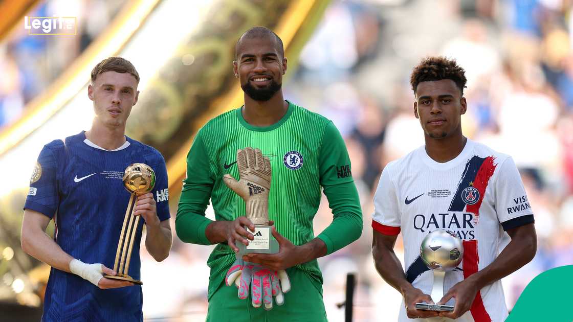 Cole Palmer, Robert Sanchez, Desire Doue, Paris Saint-Germain, FIFA Club World Cup. Cole Palmer, Robert Sanchez, Desire Doue, Paris Saint-Germain, FIFA Club World Cup.