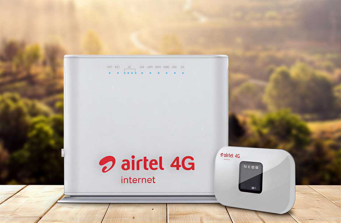 A white Airtel 4G home internet router and a smaller Airtel 4G portable Mi-Fi device on a wooden table. A white Airtel 4G home internet router and a smaller Airtel 4G portable Mi-Fi device on a wooden table.