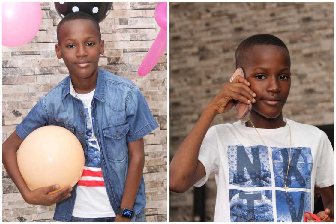 Zion Idibia holds a balloon at a party (L). 2Baba's third child holds a phone to his ears as he looks on (R). Zion Idibia holds a balloon at a party (L). 2Baba's third child holds a phone to his ears as he looks on (R).