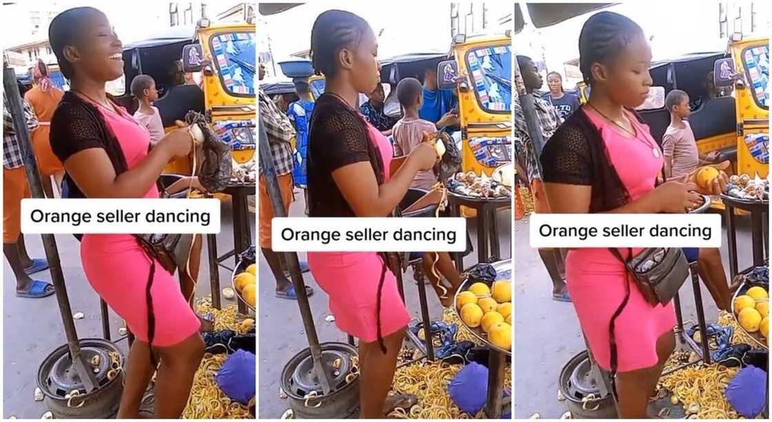 Photos of a lady who sells orange dancing in the public. Photos of a lady who sells orange dancing in the public.