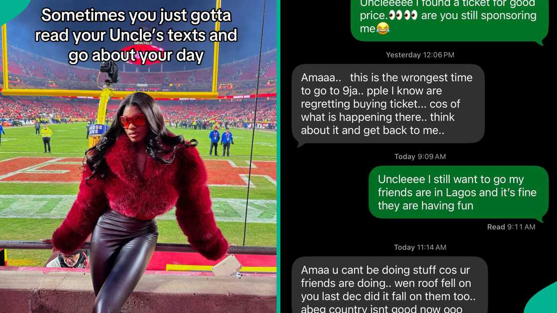 A US-based lady shares a message she received from her uncle after asking him to sponsor her trip.