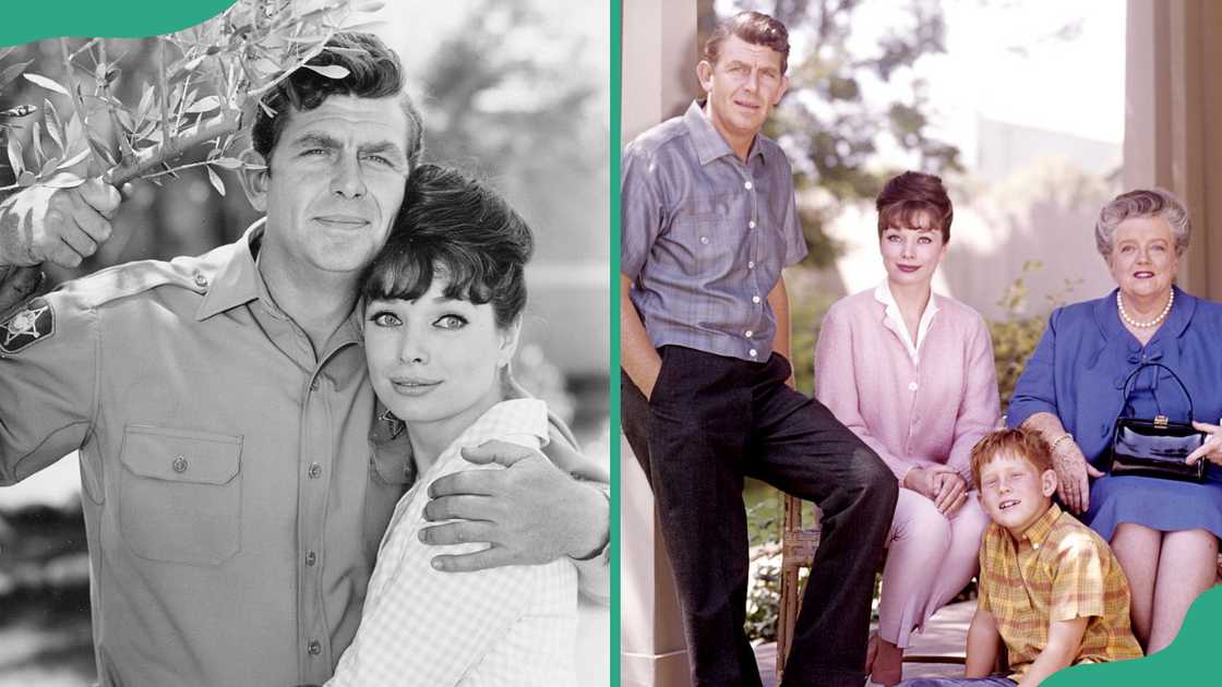 Aneta Corsaut and Andy Griffith embracing. The Andy Griffith Show cast.