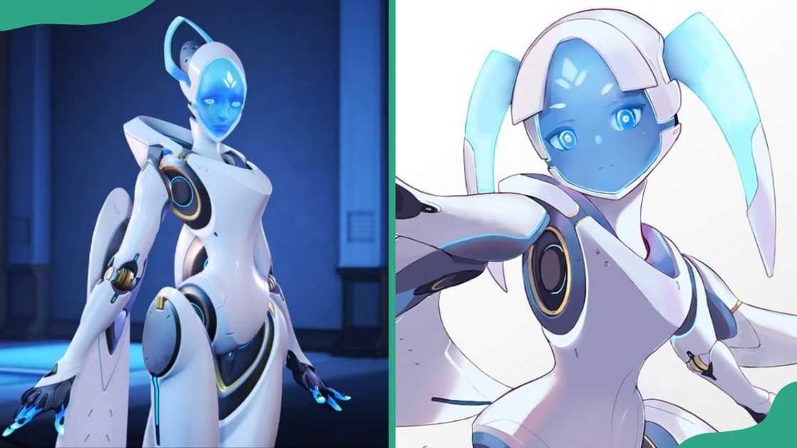Echo against a dark blue background (L). Echo with glowing blue eyes (R). Echo against a dark blue background (L). Echo with glowing blue eyes (R).