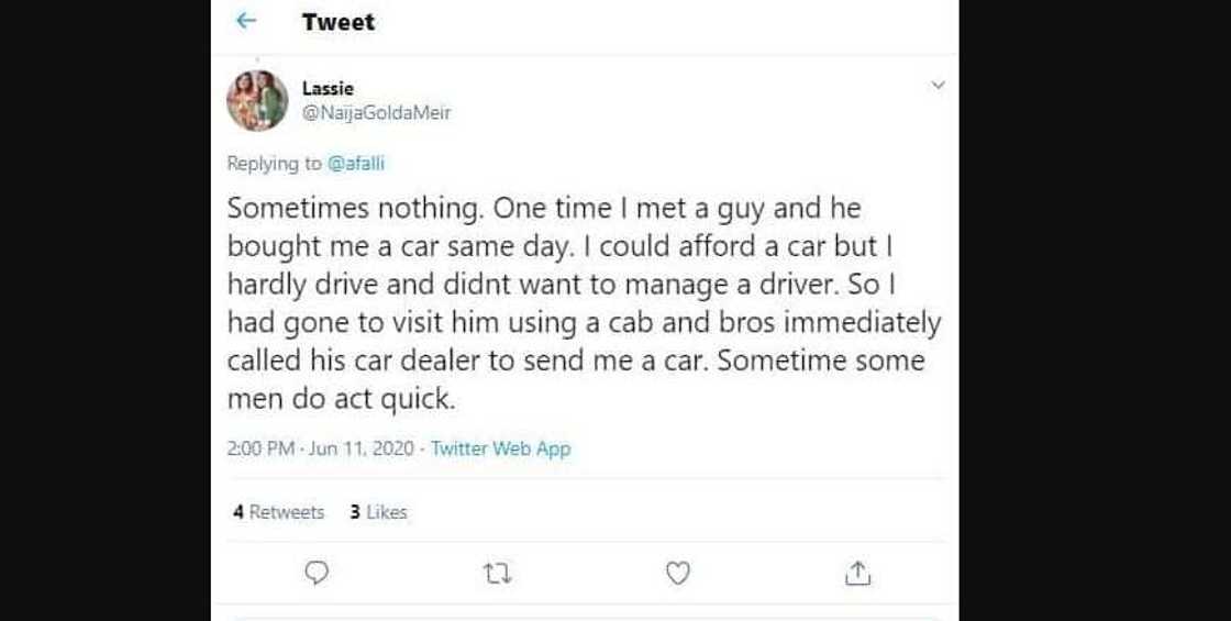 I met a man who bought me a car on the same day - Lady claims I met a man who bought me a car on the same day - Lady claims