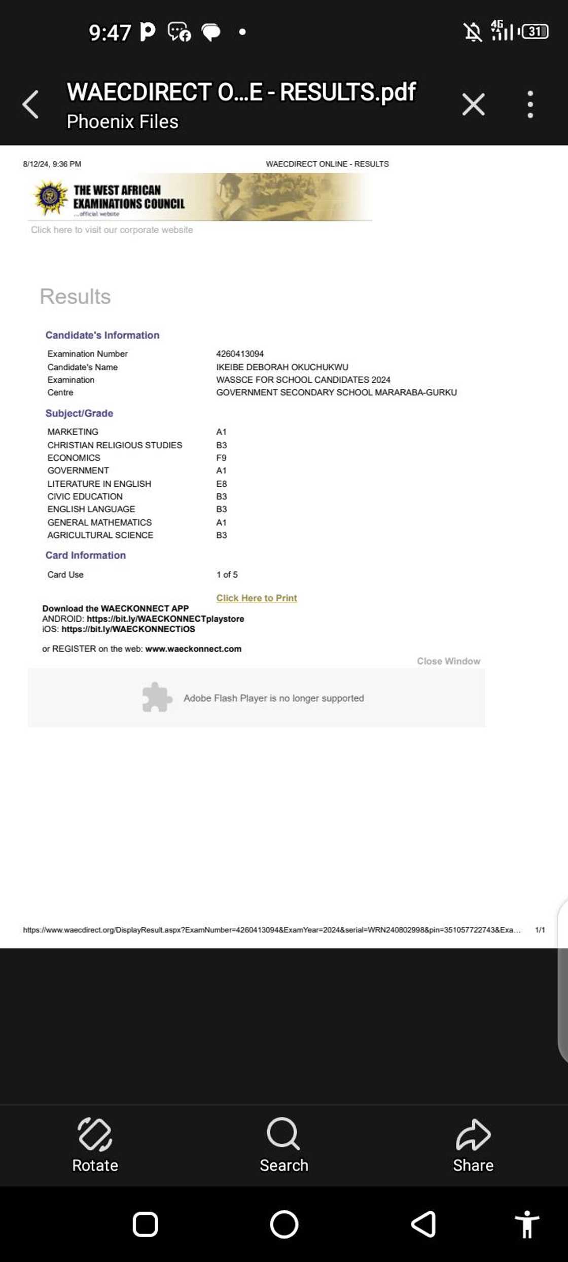 WAEC result of Deborah Ikiebe WAEC result of Deborah Ikiebe