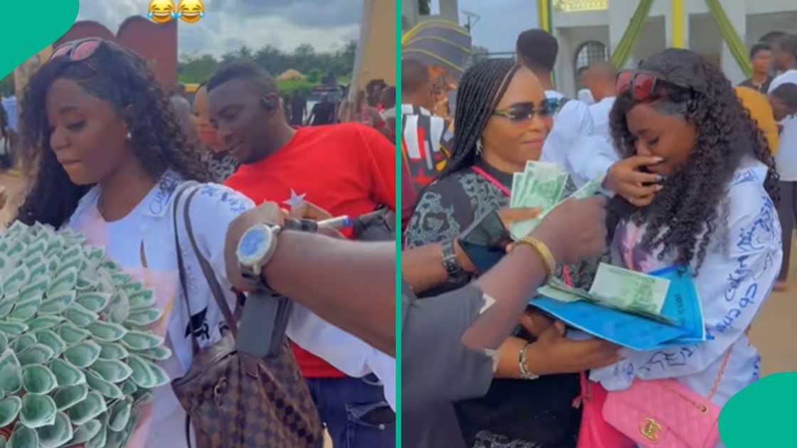 A Nigerian lady celebrates after her mother gave her three lands as sign-out gifts. A Nigerian lady celebrates after her mother gave her three lands as sign-out gifts.
