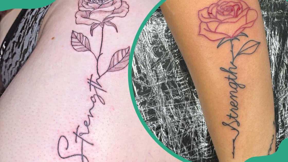 Rose tattoos with the word strength