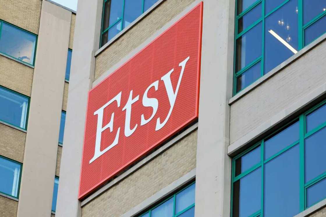 The Etsy company logo is seen at its New York headquarters building on December 13, 2023 The Etsy company logo is seen at its New York headquarters building on December 13, 2023