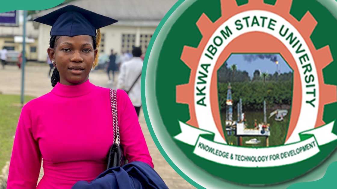 A young woman  successful  a graduation headdress  (L). The AKSU logo (R)