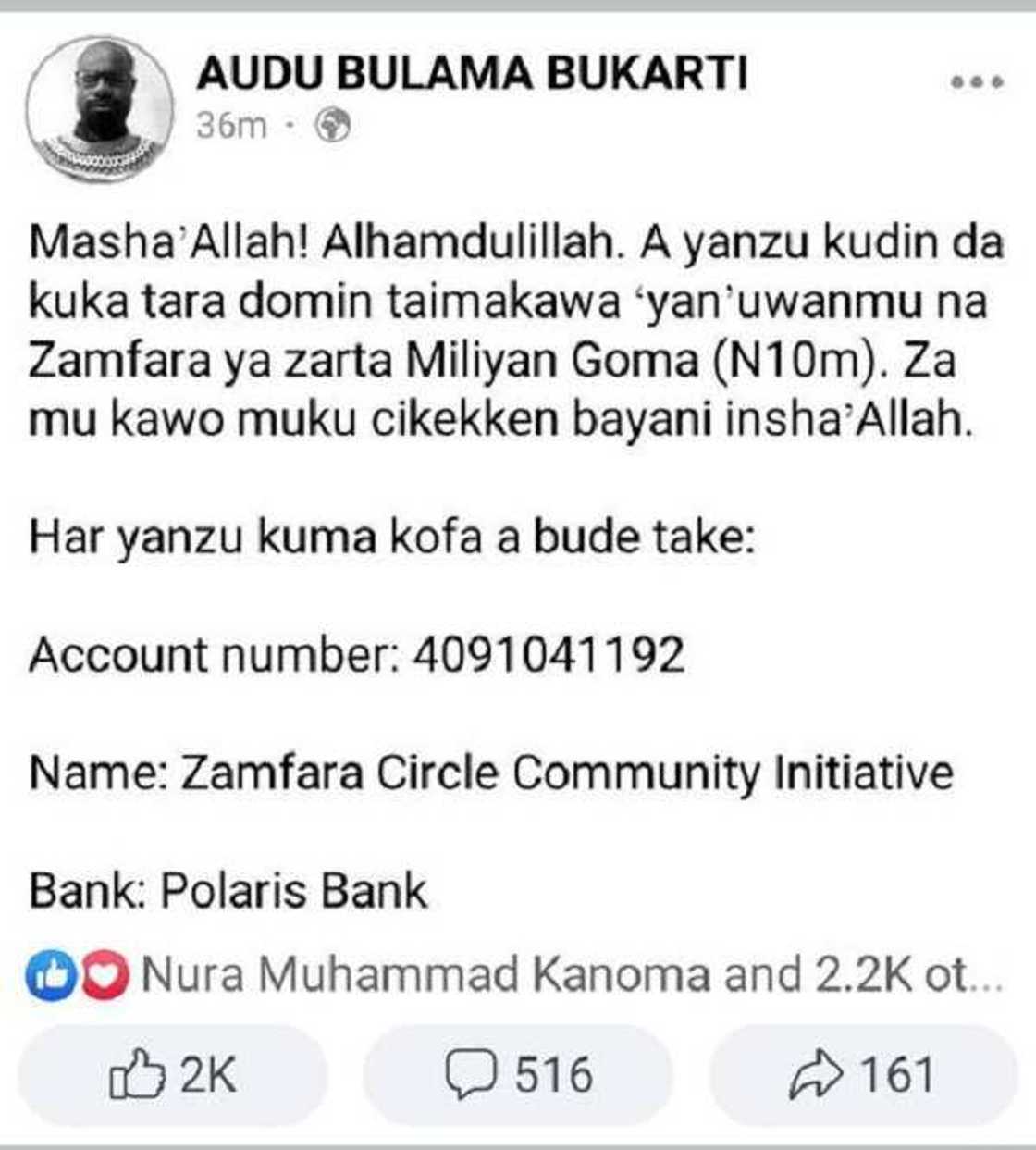 Kungiyar Zamfara Circle ta taimakawa yan gudun hijra da kayan abinci