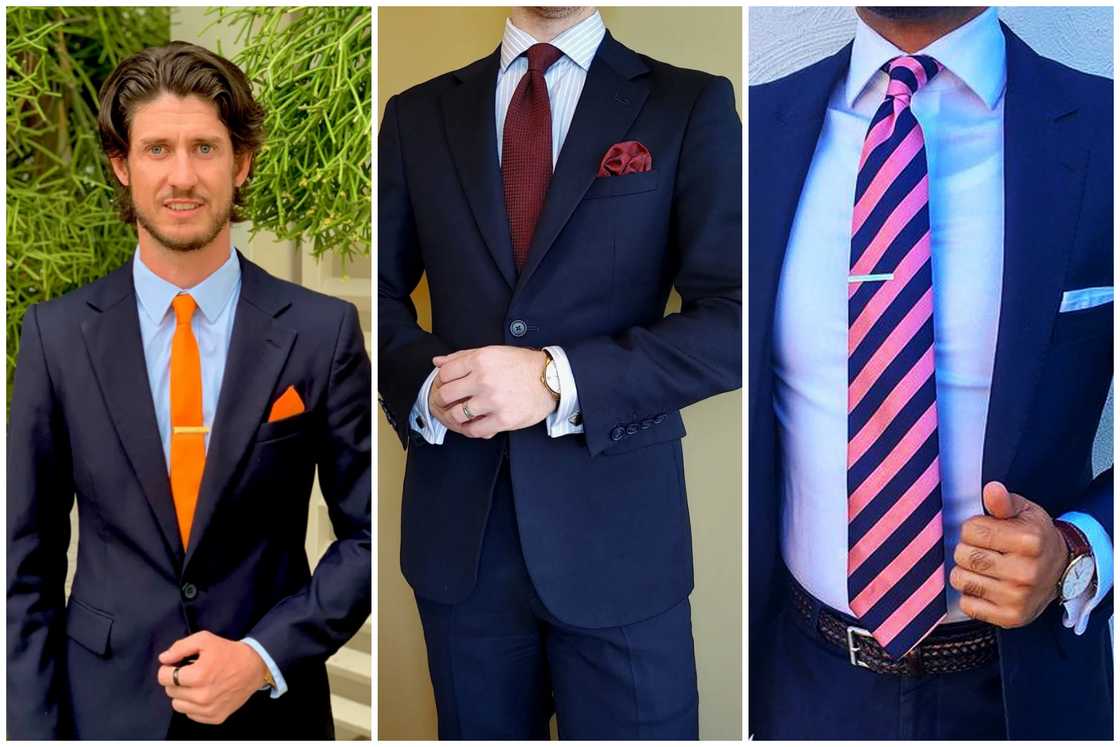 Orange and burgundy tie with light blue shirt Orange and burgundy tie with light blue shirt