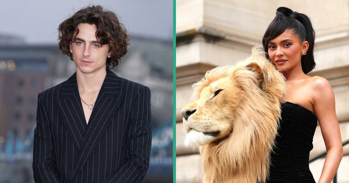 Timothée Chalamet poses during a Wonka photocall. Kylie Jenner poses on the red carpet of a Schiaparelli Haute Couture show