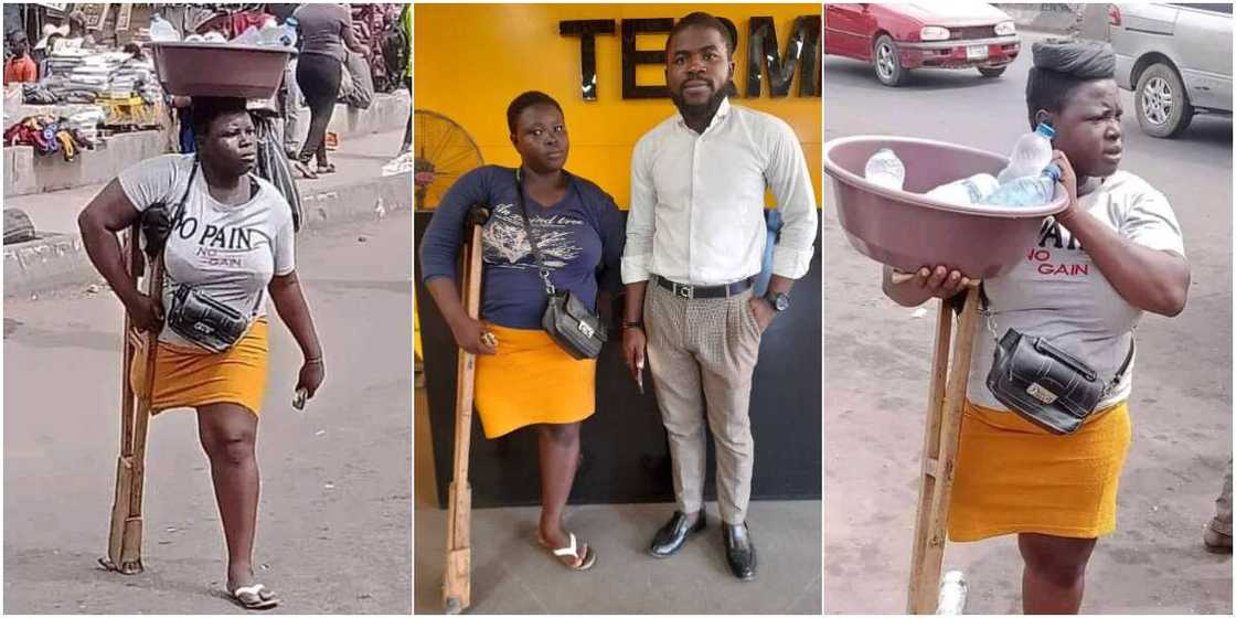 Kindhearted Nigerian Man Helps One-Legged Lady Hawking Sachet Water, Many Hail His Generosity Kindhearted Nigerian Man Helps One-Legged Lady Hawking Sachet Water, Many Hail His Generosity