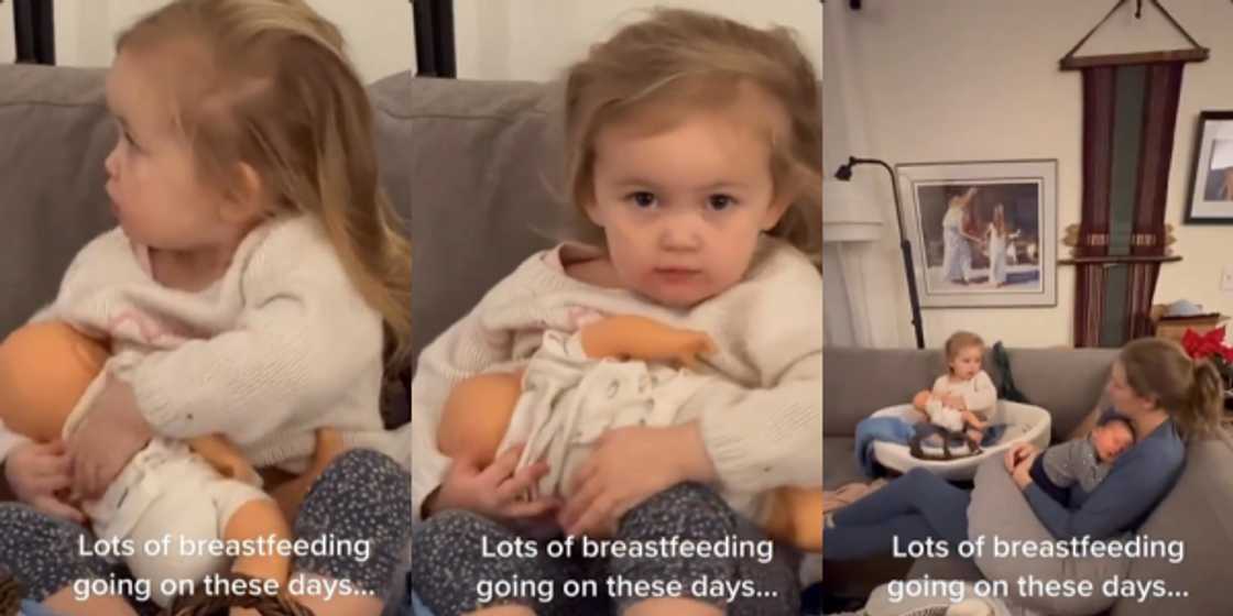 Little Girl Imitates Her Mum, Breastfeeds Her Baby Mannequin