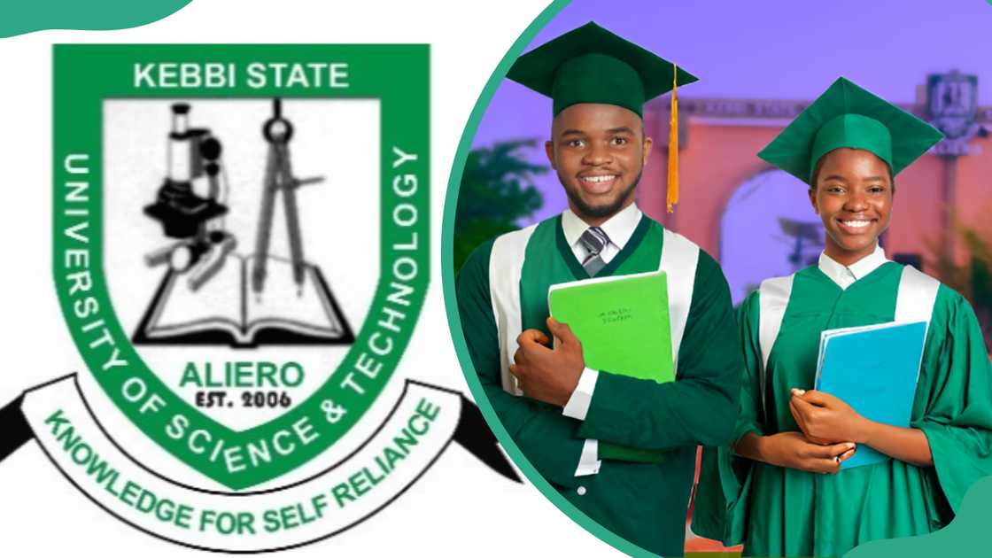 Kebbi State University logo (L). Kebbi State University students in green graduation gowns (R). Kebbi State University logo (L). Kebbi State University students in green graduation gowns (R).