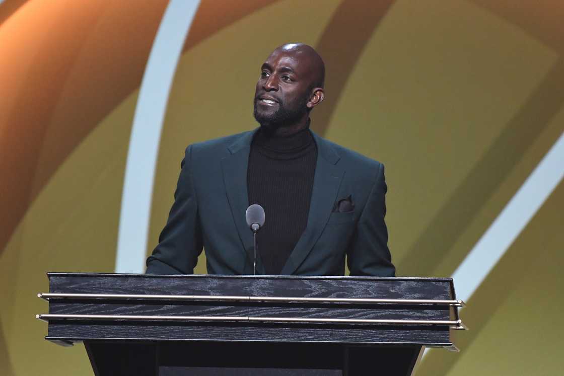 Kevin Garnett addresses the guests during the Basketball Hall of Fame Enshrinement Ceremony at the Mohegan Sun Arena at Mohegan Sun in Uncasville, Connecticut.