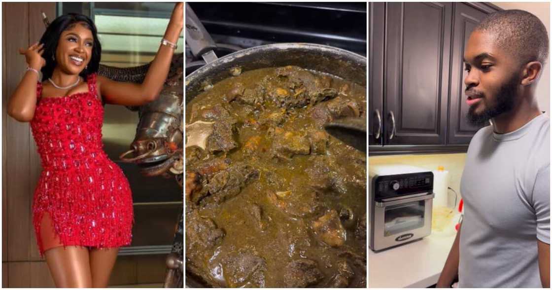 Actress Omoni Oboli's son's funny reaction to her pot of black soup. Actress Omoni Oboli's son's funny reaction to her pot of black soup.
