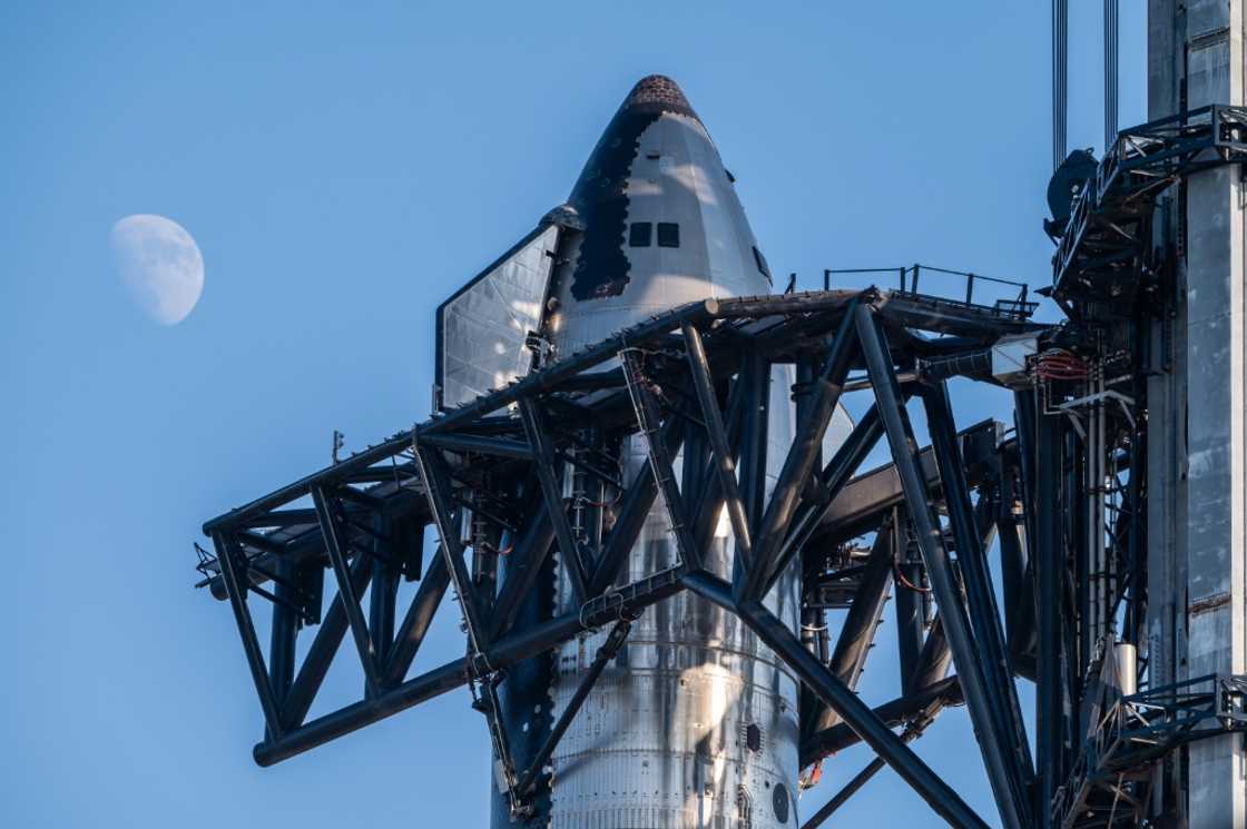 The SpaceX Starship sits on a launch pad at Starbase near Boca Chica, Texas ahead of the Starship Flight 5 test