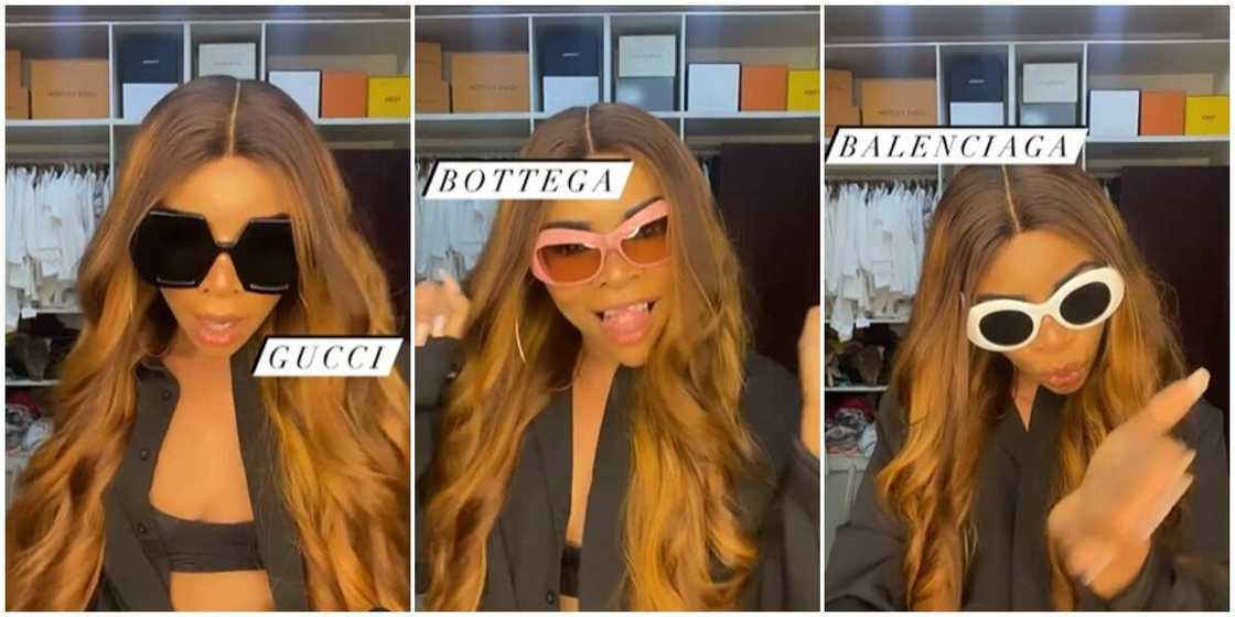 Photos of Laura Ikeji wearing different sunglasses. Photos of Laura Ikeji wearing different sunglasses.