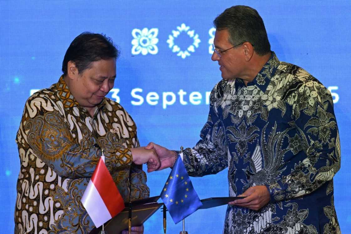 Indonesia's Minister of Economic Affairs, Airlangga Hartarto (left) shakes hands with EU Trade Commissioner Maros Sefcovic in Nusa Dua, Bali Indonesia's Minister of Economic Affairs, Airlangga Hartarto (left) shakes hands with EU Trade Commissioner Maros Sefcovic in Nusa Dua, Bali