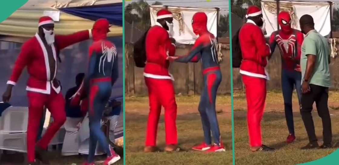 Santa clashes with 'Spiderman.' Santa clashes with 'Spiderman.'