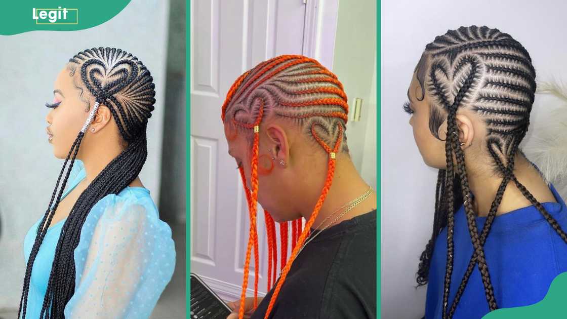 Three ladies showcasing double heart (L), orange coloured (C), and stitched (R) lemonade braids with heart