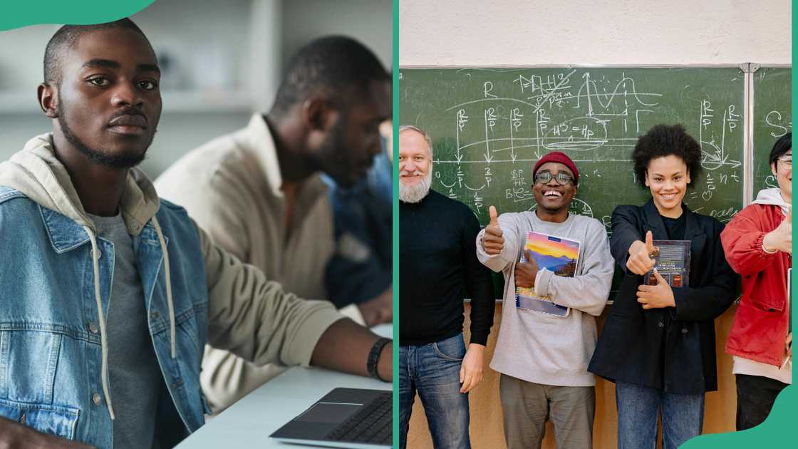 A student in a denim hoodie working on his PC and students in class