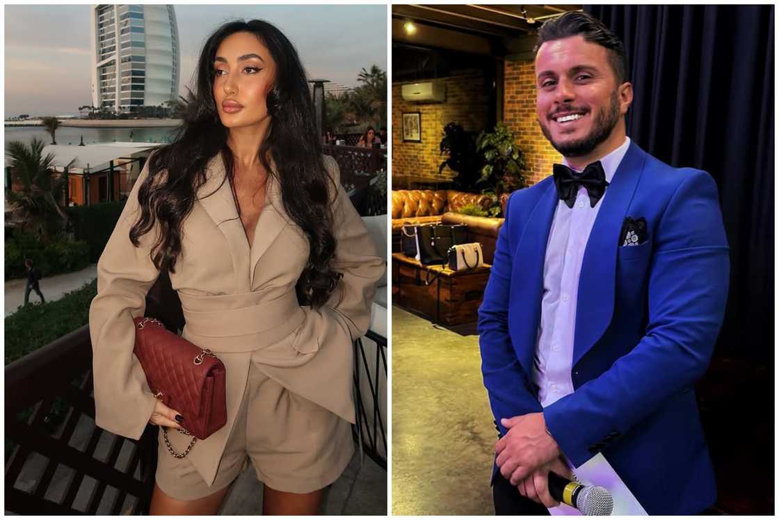 Nour El Hajj in a beige attire holds a brown bag (L). Mohammed Gahed in a blue suit smiles as he holds a microphone (R) Nour El Hajj in a beige attire holds a brown bag (L). Mohammed Gahed in a blue suit smiles as he holds a microphone (R)