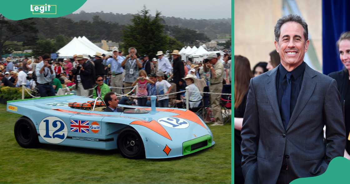 Jerry Seinfeld drives one of his cars, the 1969 Porsche 917K in Gulf Livery Jerry Seinfeld drives one of his cars, the 1969 Porsche 917K in Gulf Livery