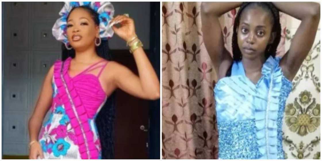 Photos of Kiekie and a lady who copied her style. Photos of Kiekie and a lady who copied her style.
