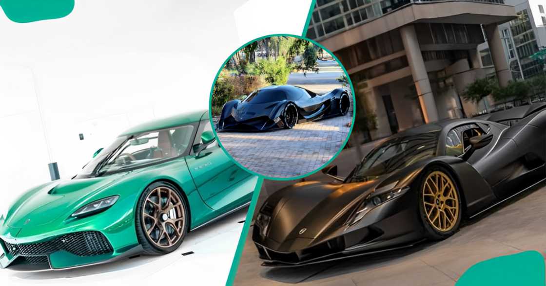 A green Koenigsegg Gemera (L), a black Devel Sixteen (C), and a black and gold Aspark Owl (R)