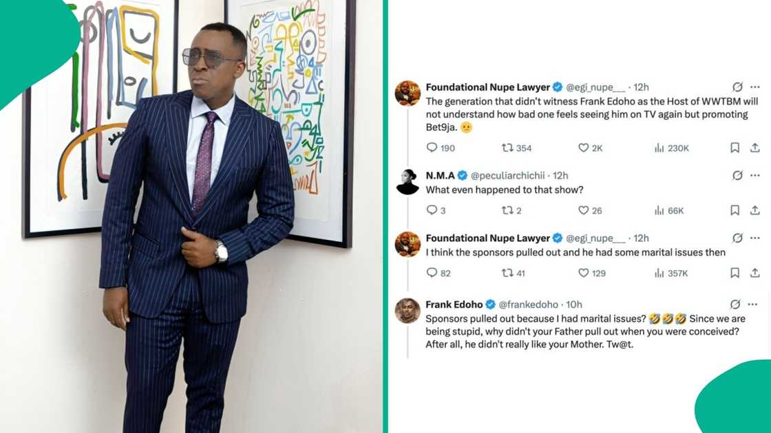 Frank Edoho clashed with a lawyer on X over claims linking his marital life to the end of Who Wants To Be a Millionaire, sparking mixed reactions online. Frank Edoho clashed with a lawyer on X over claims linking his marital life to the end of Who Wants To Be a Millionaire, sparking mixed reactions online.