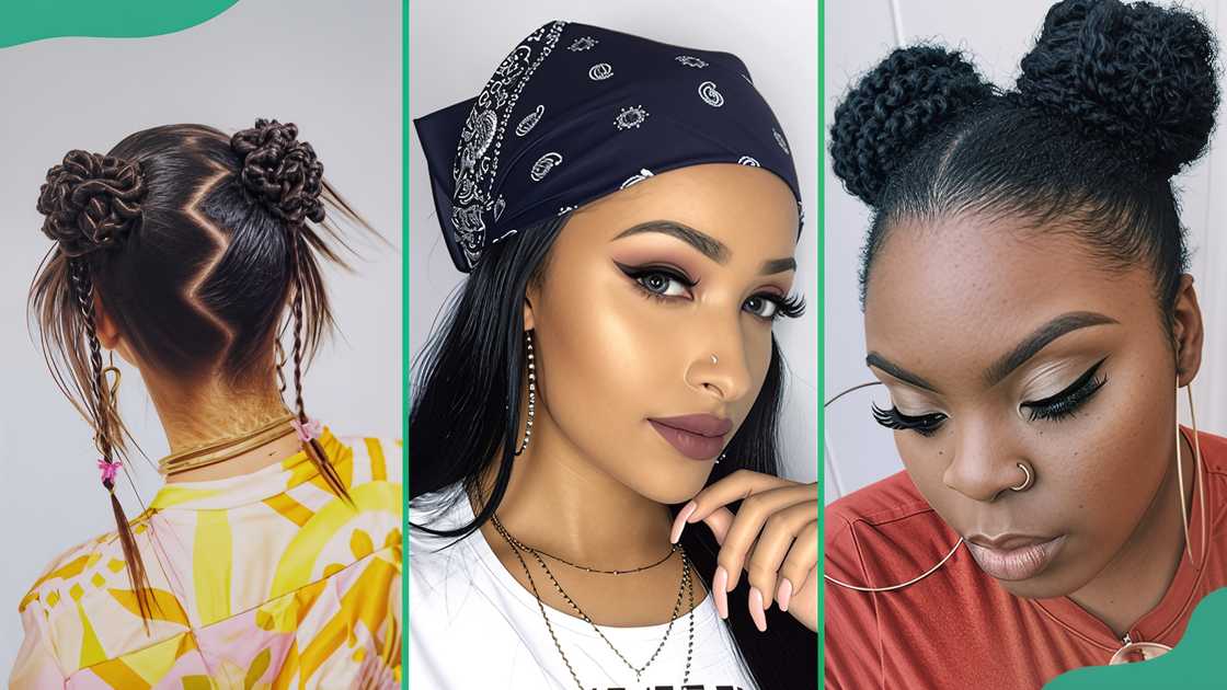 Zig-Zag parts (L), Bandana (C), Space buns (R) Zig-Zag parts (L), Bandana (C), Space buns (R)