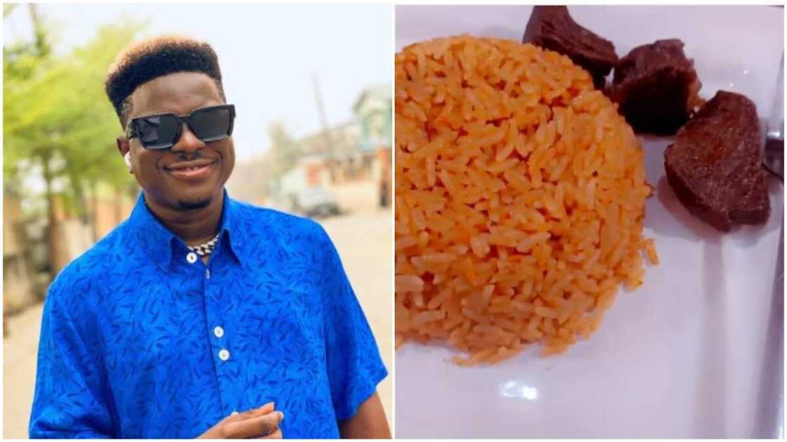 Comedian Kenny Blaq shows small rice and 3 pieces of meat he bought for N6500 Comedian Kenny Blaq shows small rice and 3 pieces of meat he bought for N6500