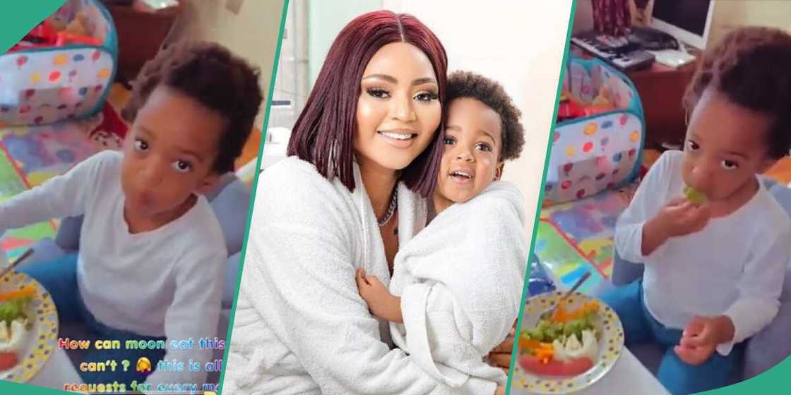 Regina Daniels' son eats English breakfast