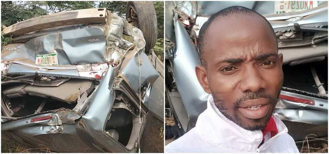 Nigerian man, Mathew Ogunjobi survives road accident along Lagos-Ibadan expressway. Nigerian man, Mathew Ogunjobi survives road accident along Lagos-Ibadan expressway.