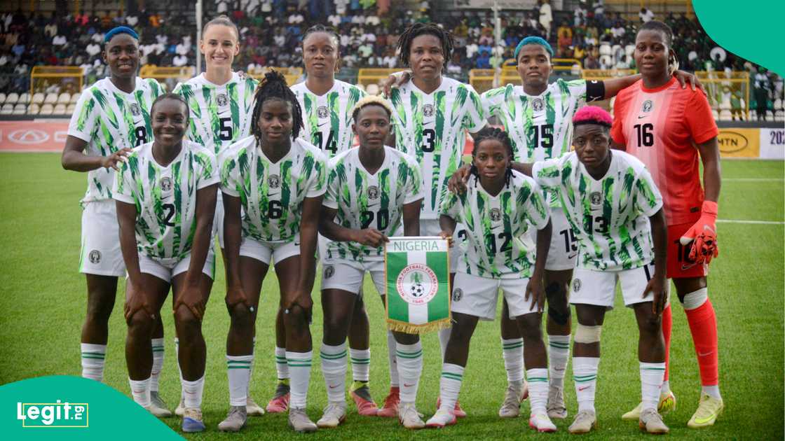 Nigeria's Super Falcons line up against Benin Republic in the second leg of the WAFCON 2026 qualifying match at MKO Abiola Sports Arena in Abeokuta. Photo by Adekunle Ajayi Nigeria's Super Falcons line up against Benin Republic in the second leg of the WAFCON 2026 qualifying match at MKO Abiola Sports Arena in Abeokuta. Photo by Adekunle Ajayi