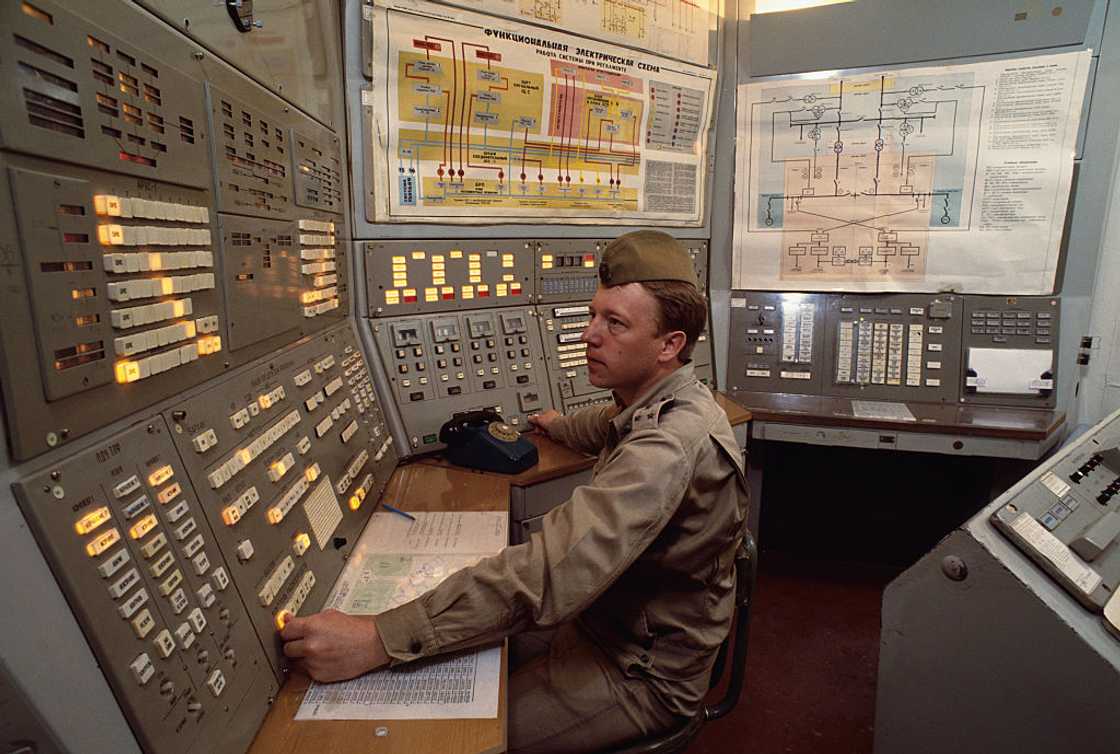 Control room at nuclear missile base, outside of Moscow.