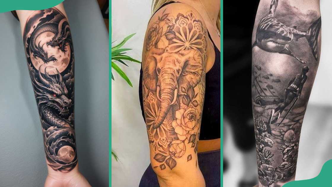 Dragon (L), elephant (C), and Makara (R) tattoos Dragon (L), elephant (C), and Makara (R) tattoos